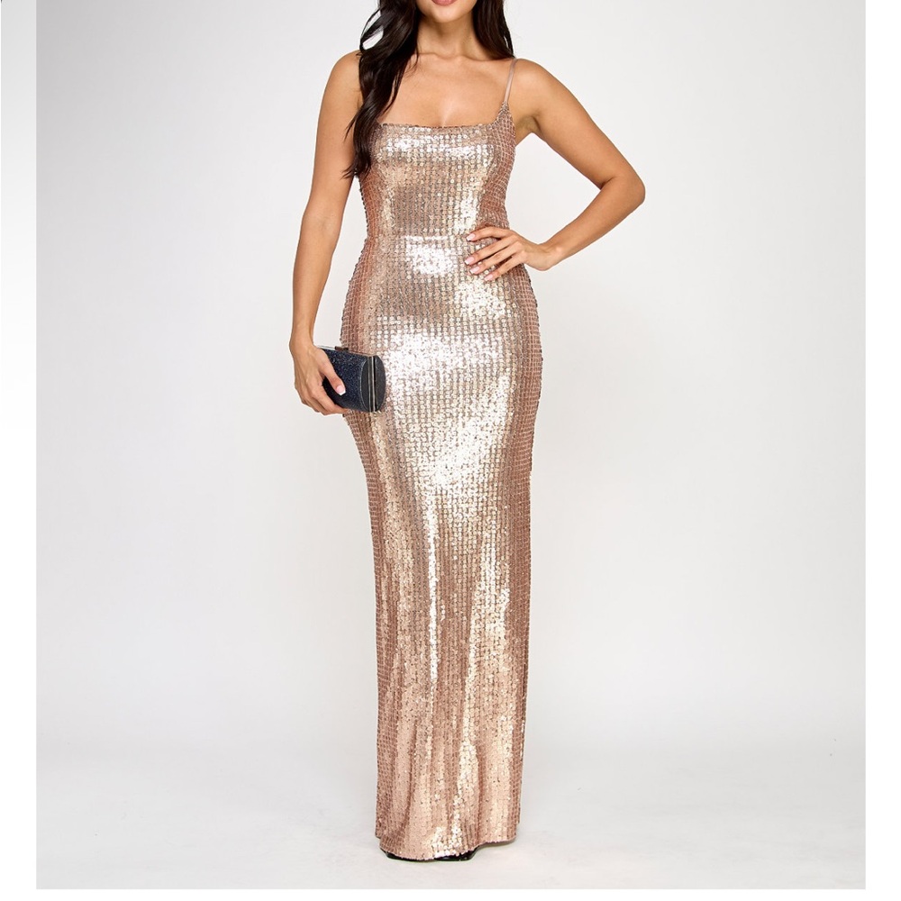 B Darlin Rose Gold Sequin Maxi Dress